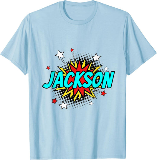 Funny Personalized Name Comic Pop Art Superhero Jackson T-Shirt - T-Shirt | Light Blue