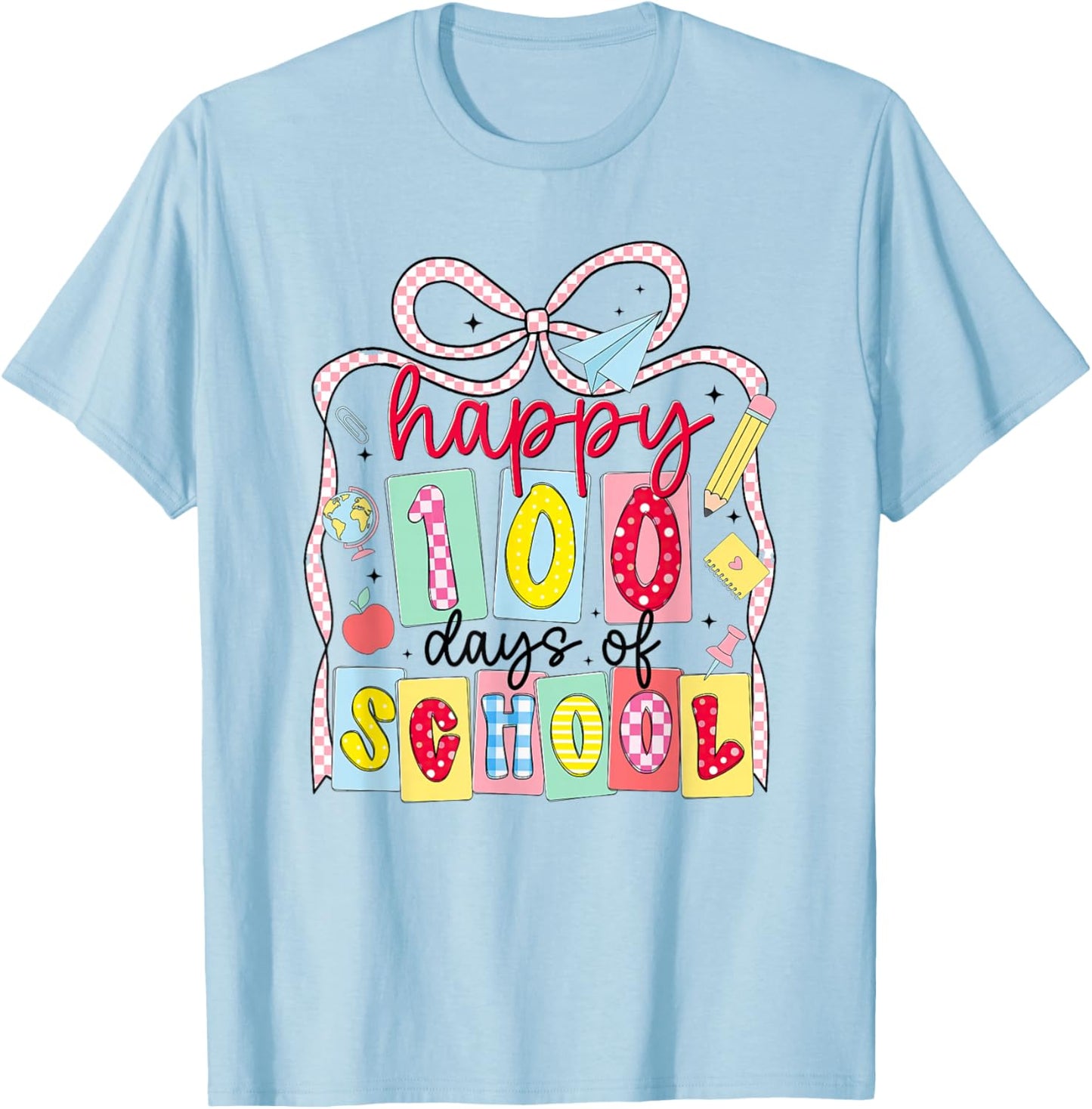 Happy 100 Days of School Coquette Bow Teacher Girl 100th Day T-Shirt - T-Shirt | Light Blue