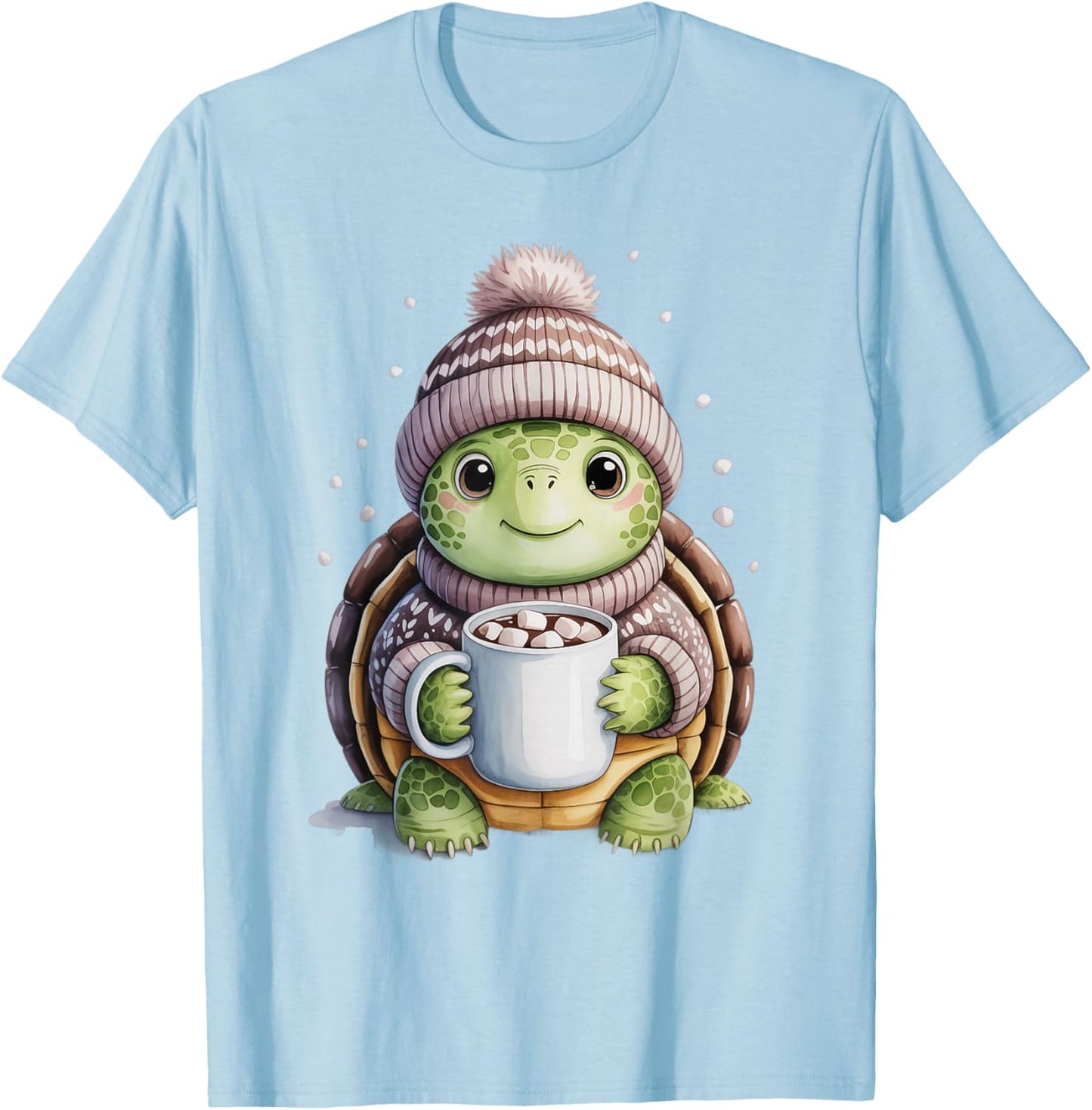 Cozy Turtle with Hot Cocoa Winter Holiday Sweater Design T-Shirt - T-Shirt | Light Blue