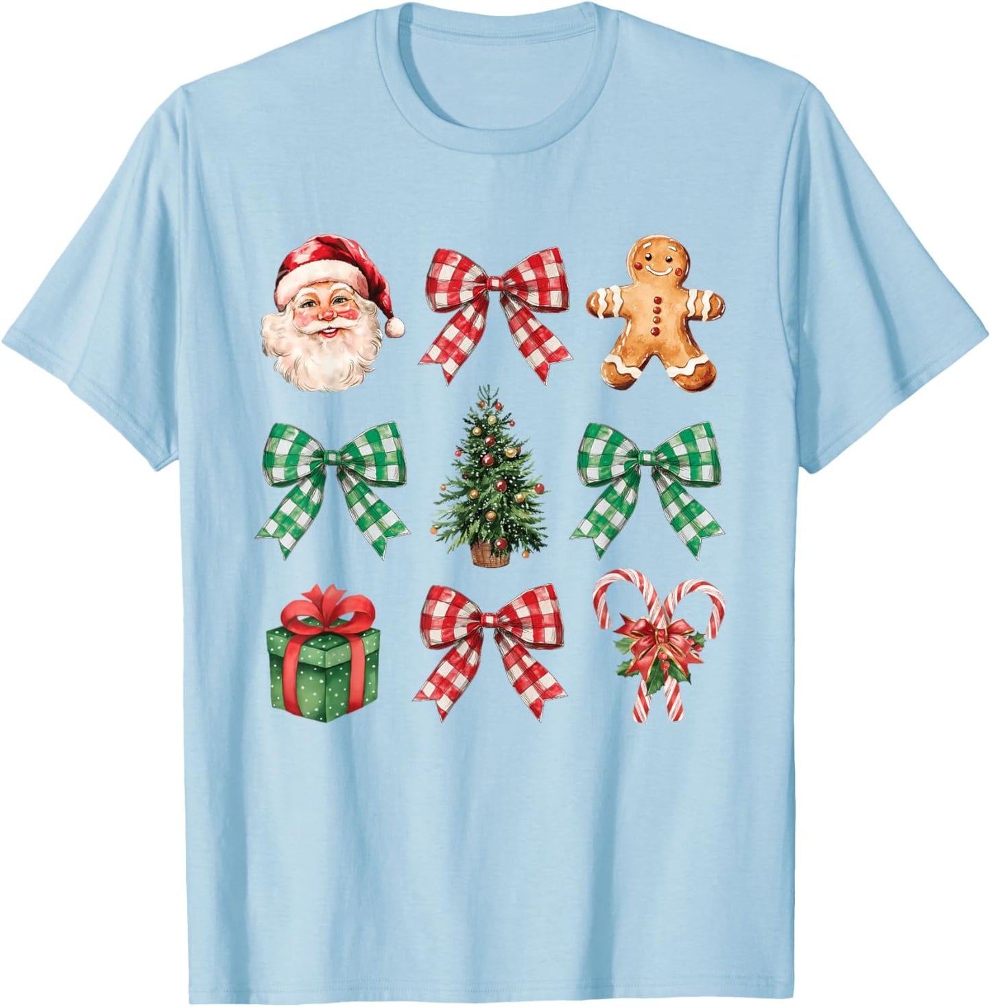 Coquette Bow Christmas Tree Santa Gingerbread Candy Cane T-Shirt - T-Shirt | Light Blue
