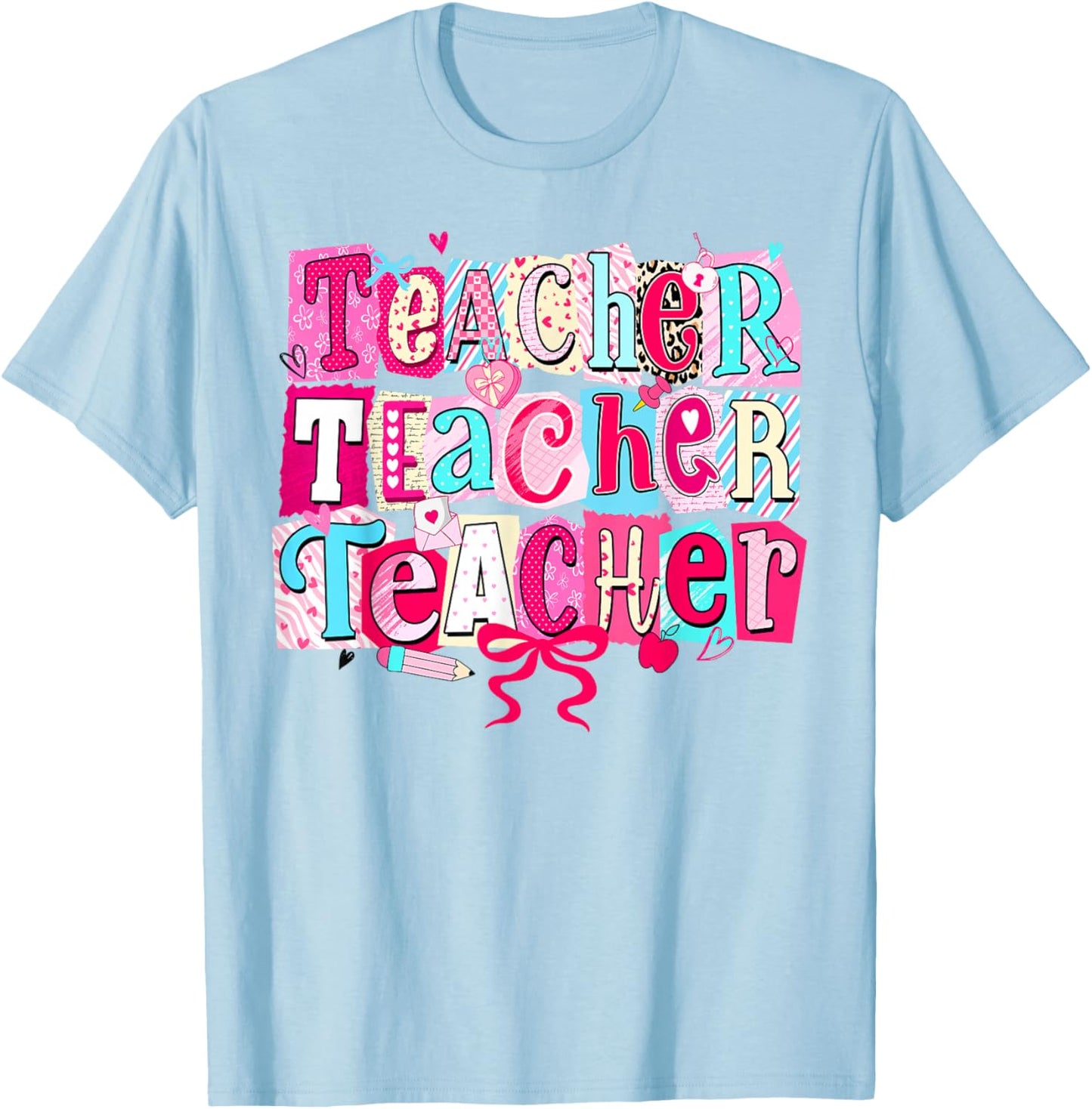 Retro Teacher Valentine Coquette Bow Teacher Valentines Day T-Shirt - T-Shirt | Light Blue