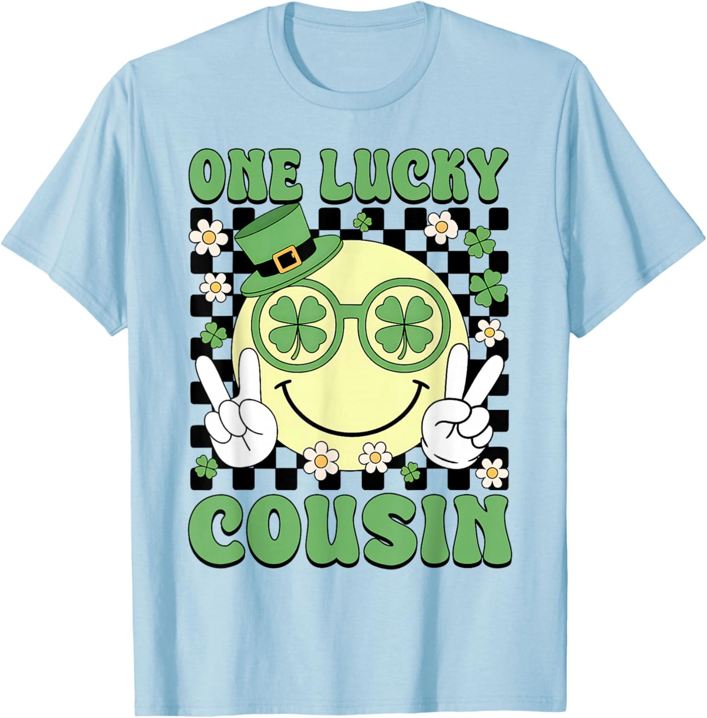 Groovy Shamrock One Lucky Cousin Happy St Patricks Day T-Shirt - T-Shirt | Light Blue