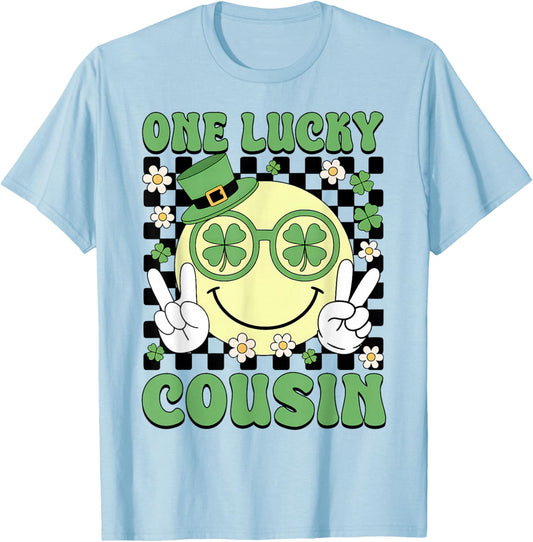 Groovy Shamrock One Lucky Cousin Happy St Patricks Day T-Shirt - T-Shirt | Light Blue