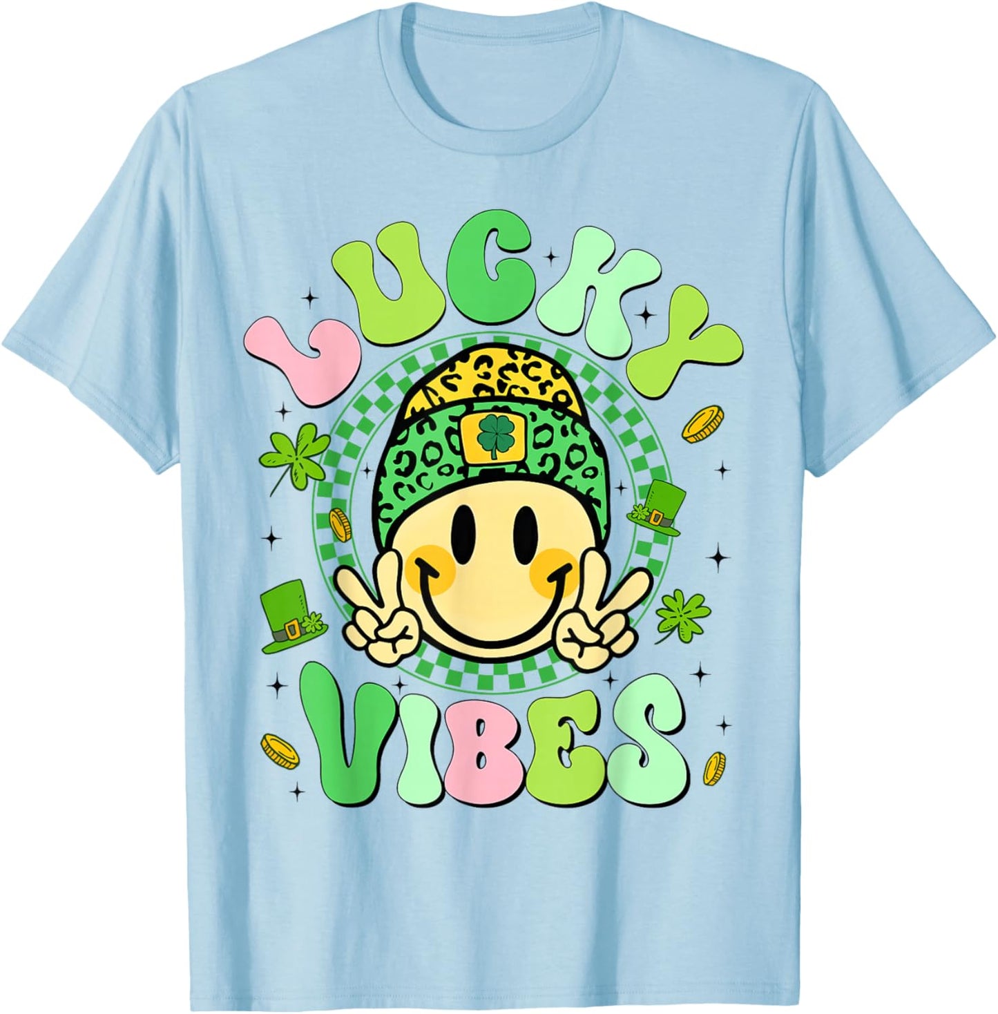 Lucky Vibes St. Patricks Day Funny Smile Face Boy Girl Kid T-Shirt - T-Shirt | Light Blue