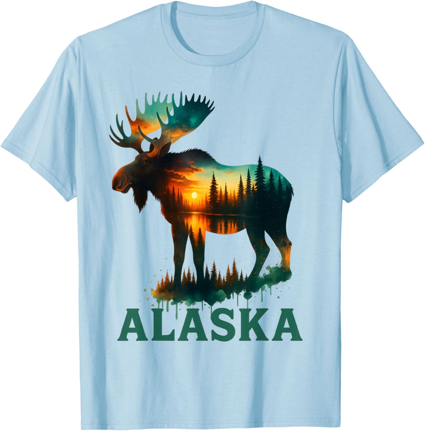 Alaska Alaskan Moose with Lake & Mountain Souvenir Men Women T-Shirt - T-Shirt | Light Blue