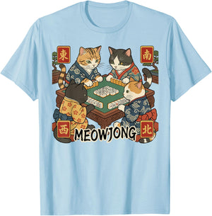 Meowjong Funny Mahjong Love Playing Chinese Game T-Shirt - T-Shirt | Light Blue