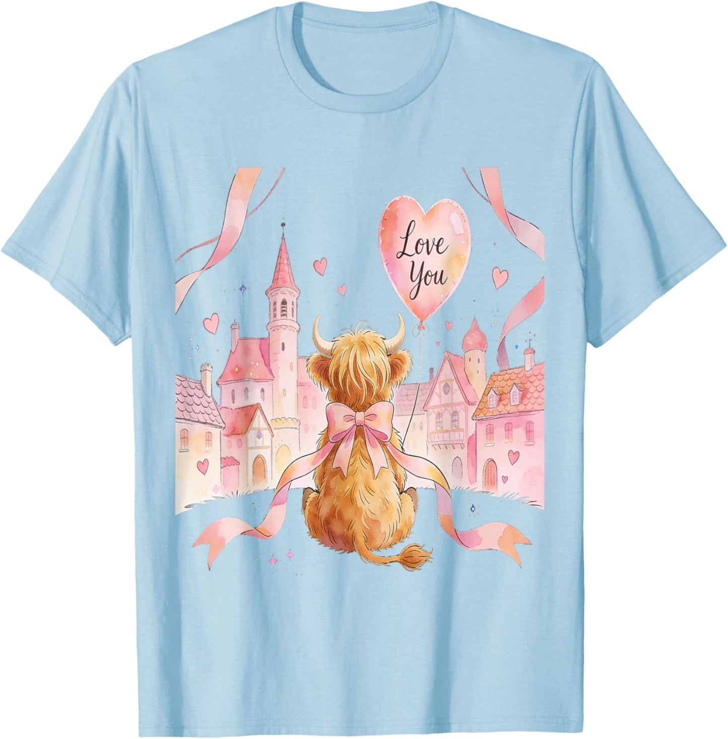 Coquette Bow Country Highland Cow Valentine Farmer Hearts T-Shirt - T-Shirt | Light Blue