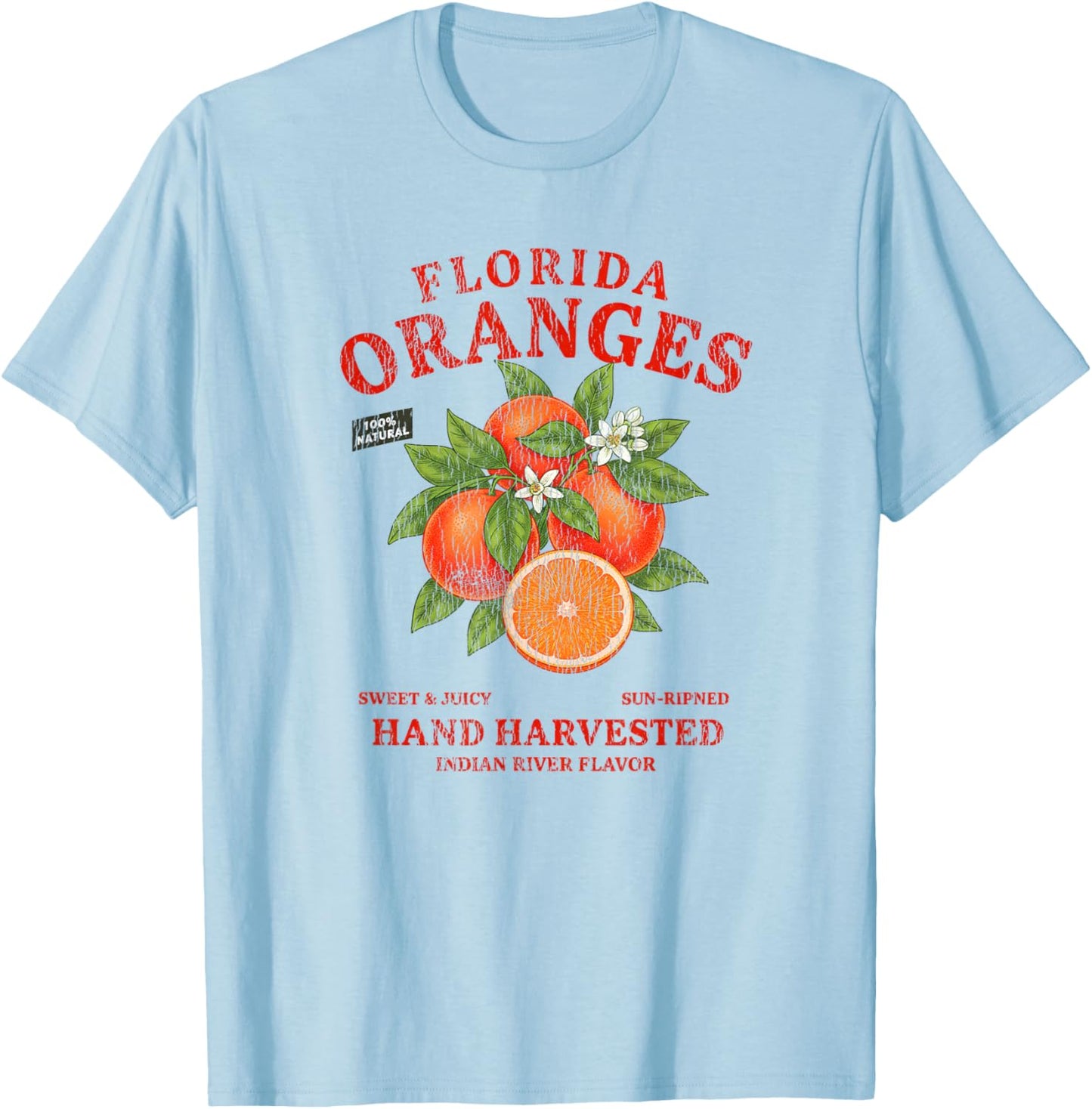 Florida Oranges Retro Label State Fruit Distressed T-Shirt - T-Shirt | Light Blue