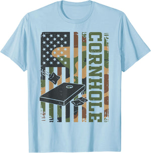 Daddy Cornhole Dad Team Camo American Flag Corn Hole Funny T-Shirt - T-Shirt | Light Blue