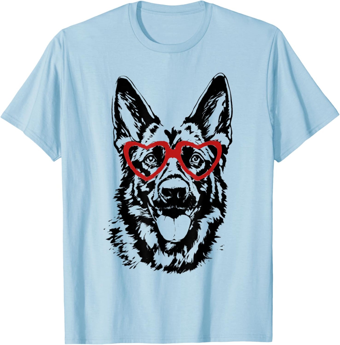 Valentine's Day German Shepherd with Heart Glasses Love Art T-Shirt - T-Shirt | Light Blue
