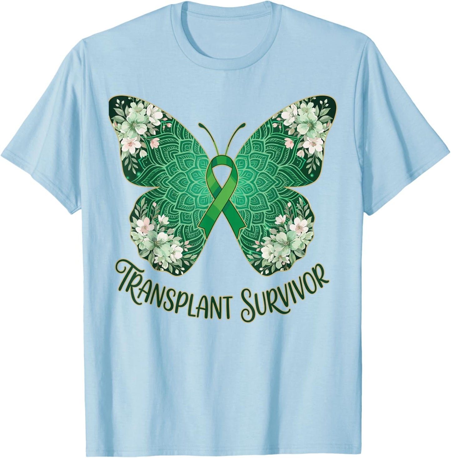 Green Ribbon Butterfly Mandala Transplant Survivor Warrior T-Shirt - T-Shirt | Light Blue
