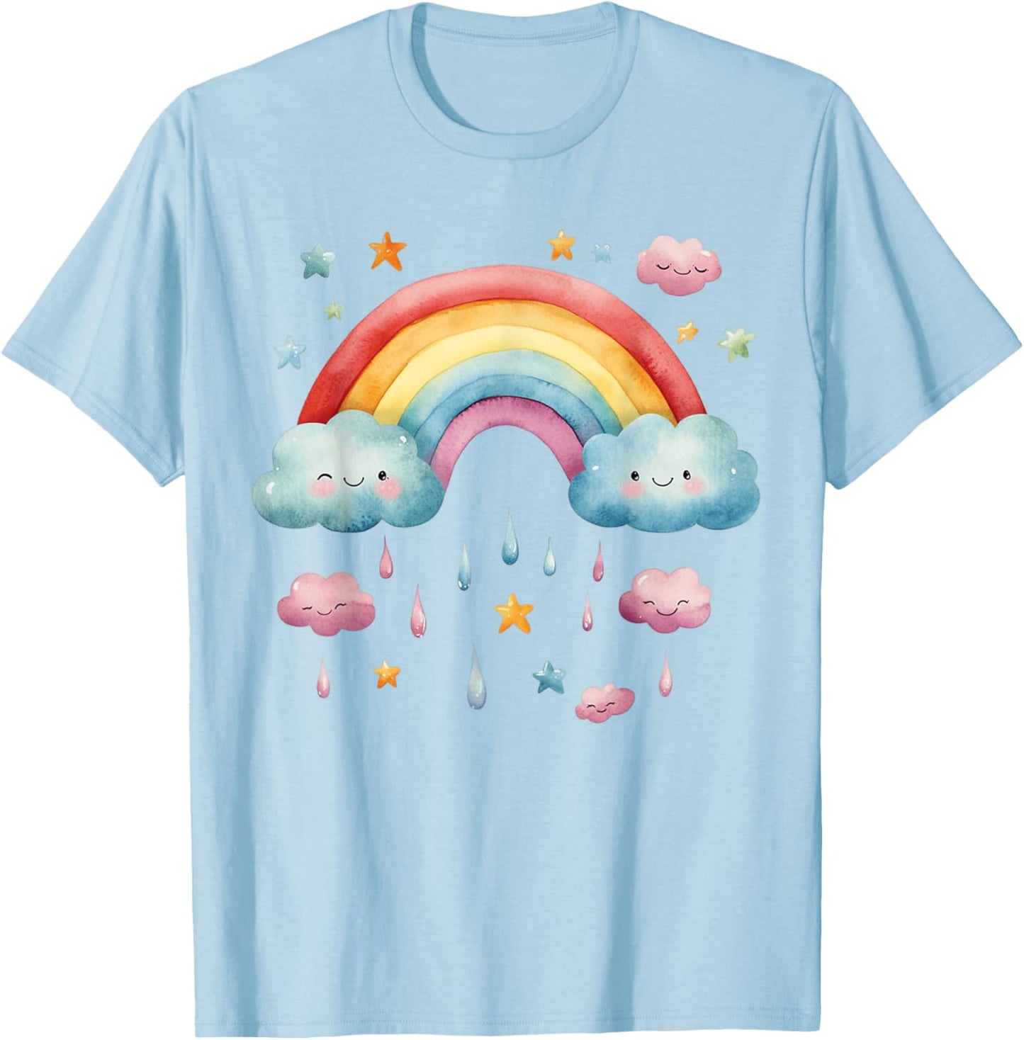 Rainbow with Cute Cloud and Rain T-Shirt - T-Shirt | Light Blue