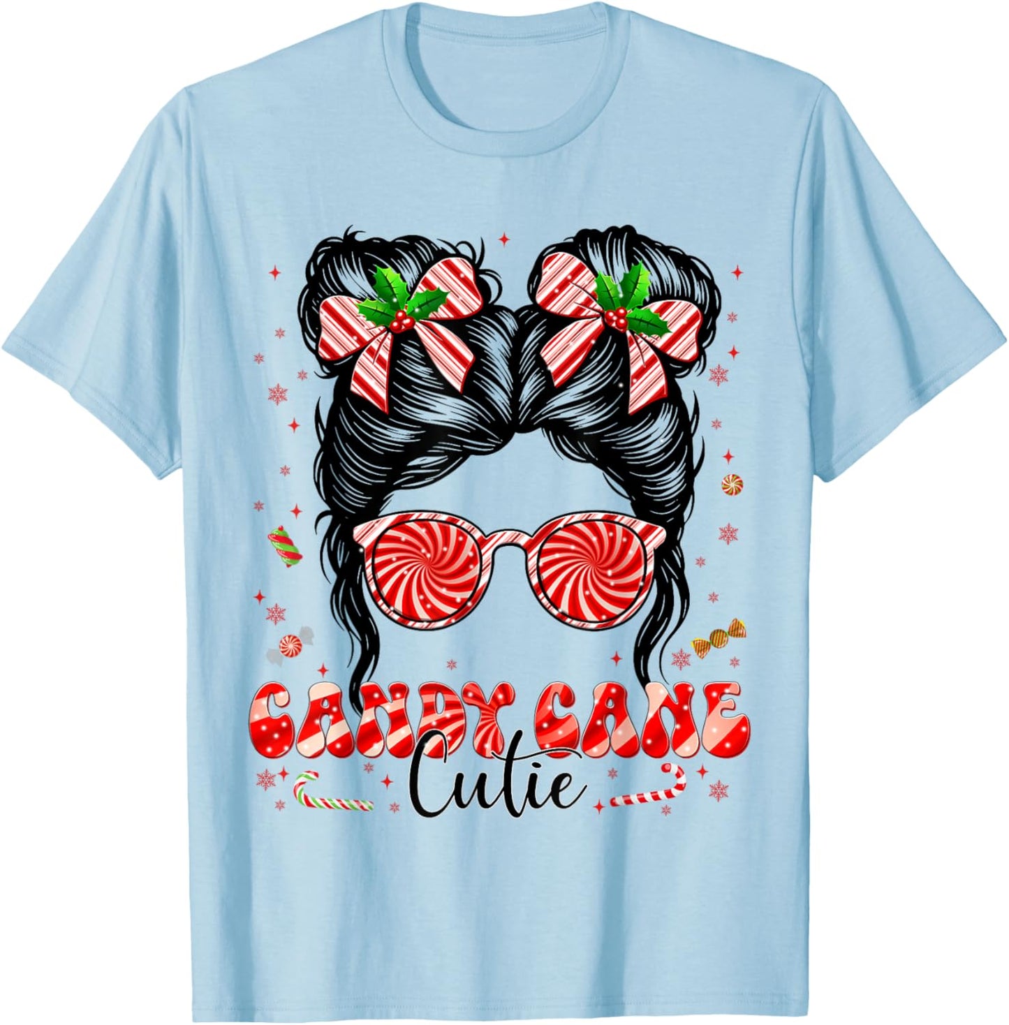 Coquette Messy Bun Candy Cane Cutie Pajamas Christmas Girl T-Shirt - T-Shirt | Light Blue