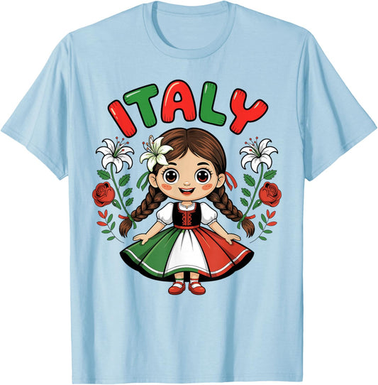 Cute Italy Girl Traditional Dress with Flowers for Kids T-Shirt - T-Shirt | Light Blue