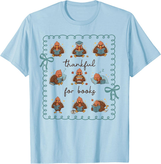Thankful for Books Turkey Reading Book Lovers Fall Teacher T-Shirt - T-Shirt | Light Blue