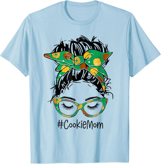 Scout Cookie Mom Girls Momlife Messy Bun Sunglasses T-Shirt - T-Shirt | Light Blue