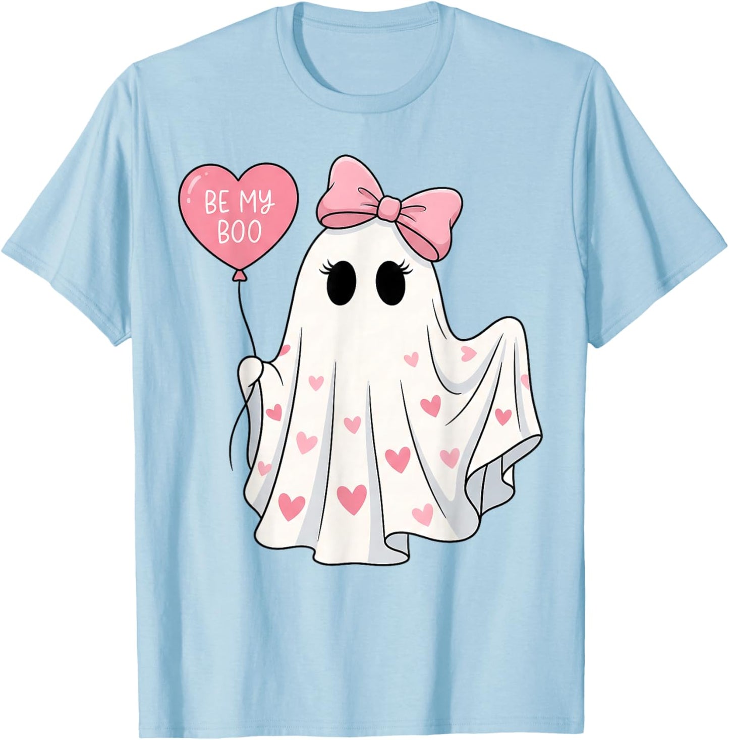 Be My Boo Cute Ghost Pink Bow and Hearts Valenween T-Shirt - T-Shirt | Light Blue