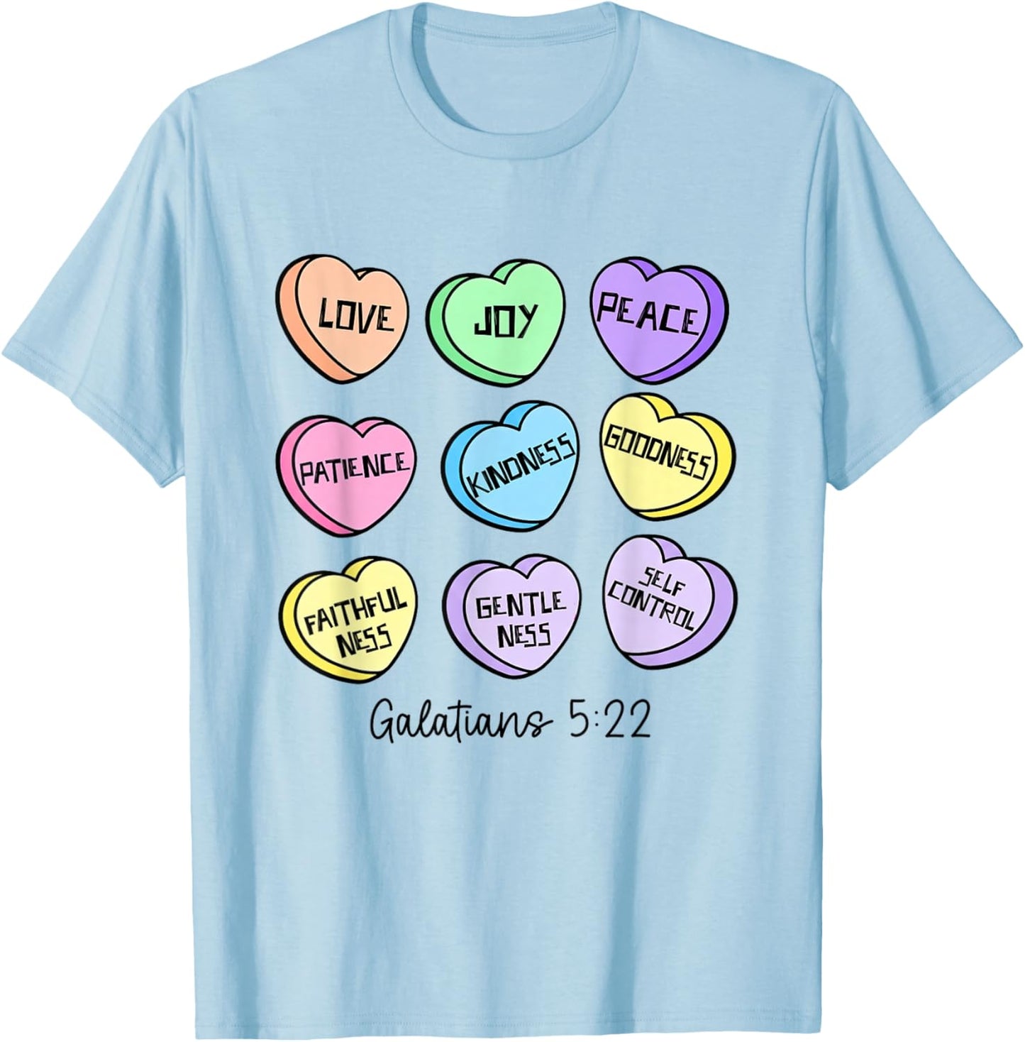 Love Joy Peace Christian Valentines Candy Heart Bible Verse T-Shirt - T-Shirt | Light Blue