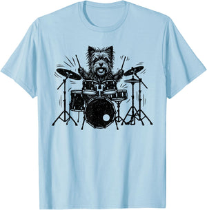 Vintage Yorkie Rock Funny Dog Playing Drums Rock Style T-Shirt - T-Shirt | Light Blue