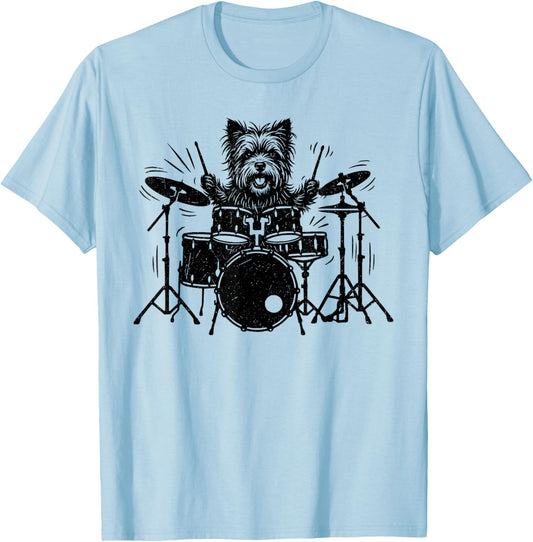 Vintage Yorkie Rock Funny Dog Playing Drums Rock Style T-Shirt - T-Shirt | Light Blue