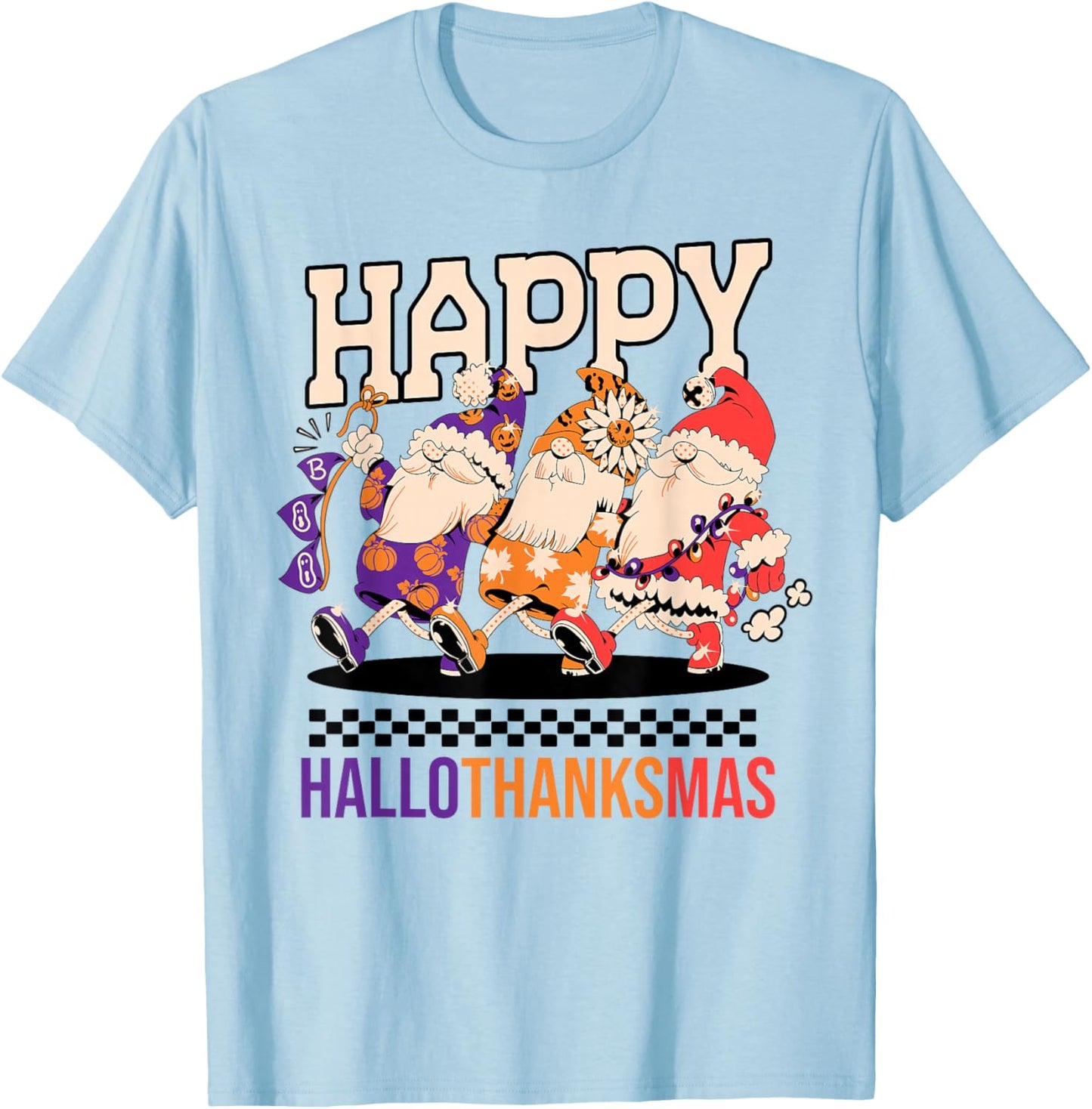 Happy HalloThanksMas Holiday Gnomes Design T-Shirt - T-Shirt | Light Blue