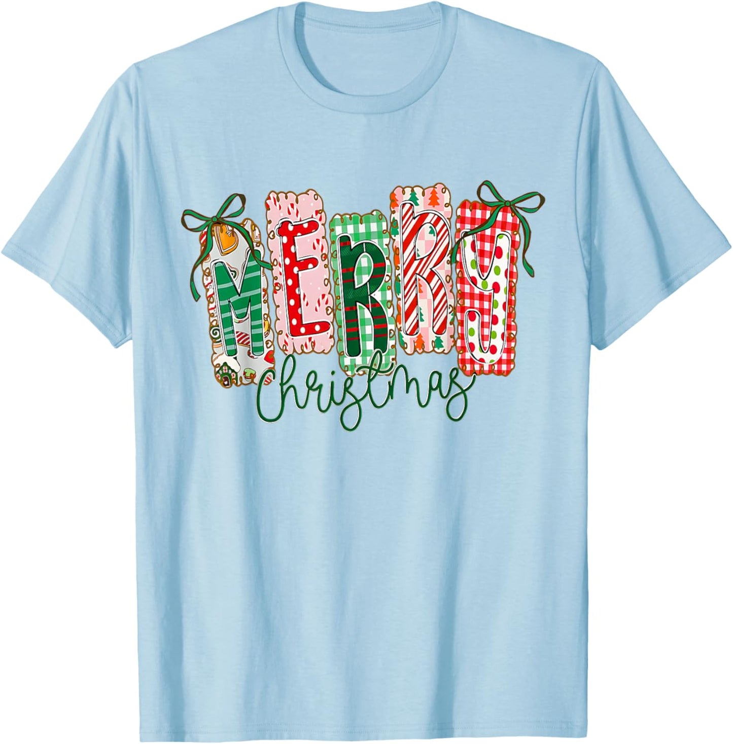 Preppy Merry Christmas Coquette Bow Pink Christmas Tree Girl T-Shirt - T-Shirt | Light Blue
