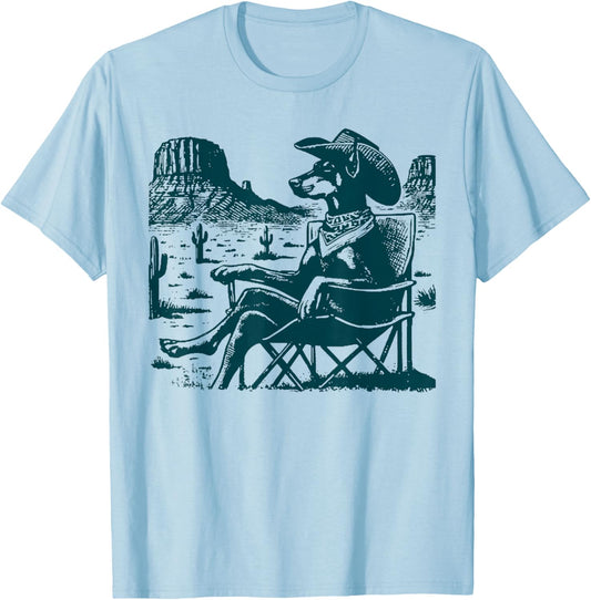 Vintage Doberman UFO Western Cowboy Funny Dog Relaxing Meme T-Shirt - T-Shirt | Light Blue