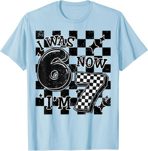 Checkered I was 6 Now I'm 7 Birthday Boy Kids Bday 6-7 Meme T-Shirt - T-Shirt | Light Blue
