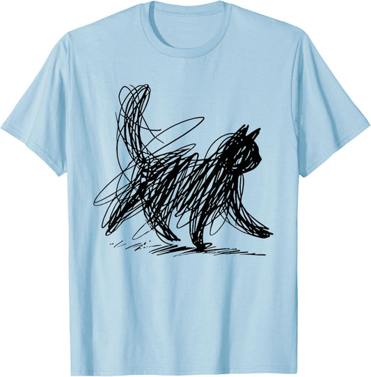 Scribble Cat Minimal Line Art Japanese T-Shirt - T-Shirt | Light Blue