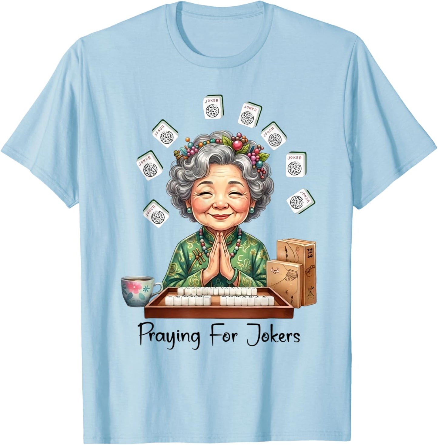 Mahjong Grandma Praying for Jokers Chinese Tile Game Day T-Shirt - T-Shirt | Light Blue