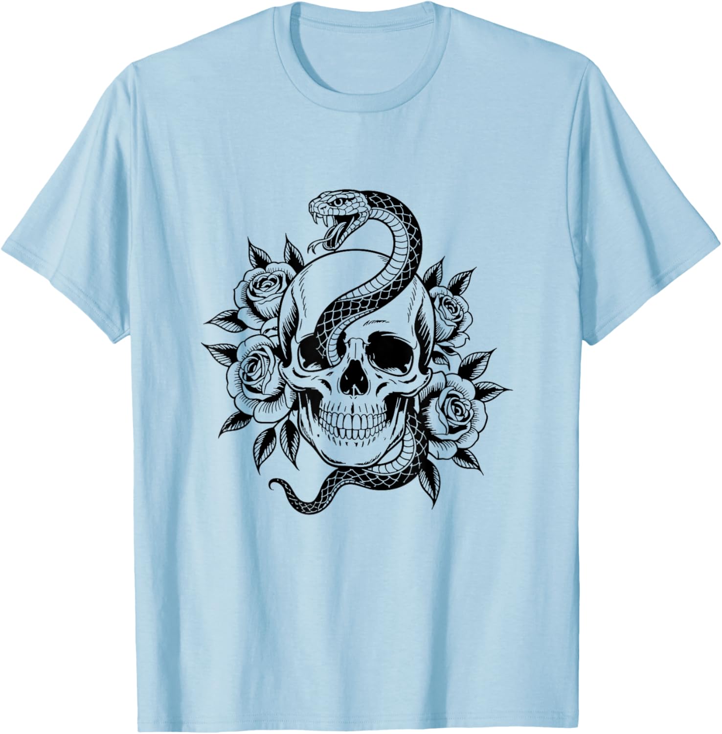 Vintage Gothic Skull Snake Roses Tattoo Style Tattoo Lover T-Shirt - T-Shirt | Light Blue