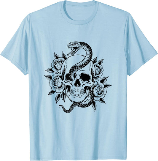 Vintage Gothic Skull Snake Roses Tattoo Style Tattoo Lover T-Shirt - T-Shirt | Light Blue