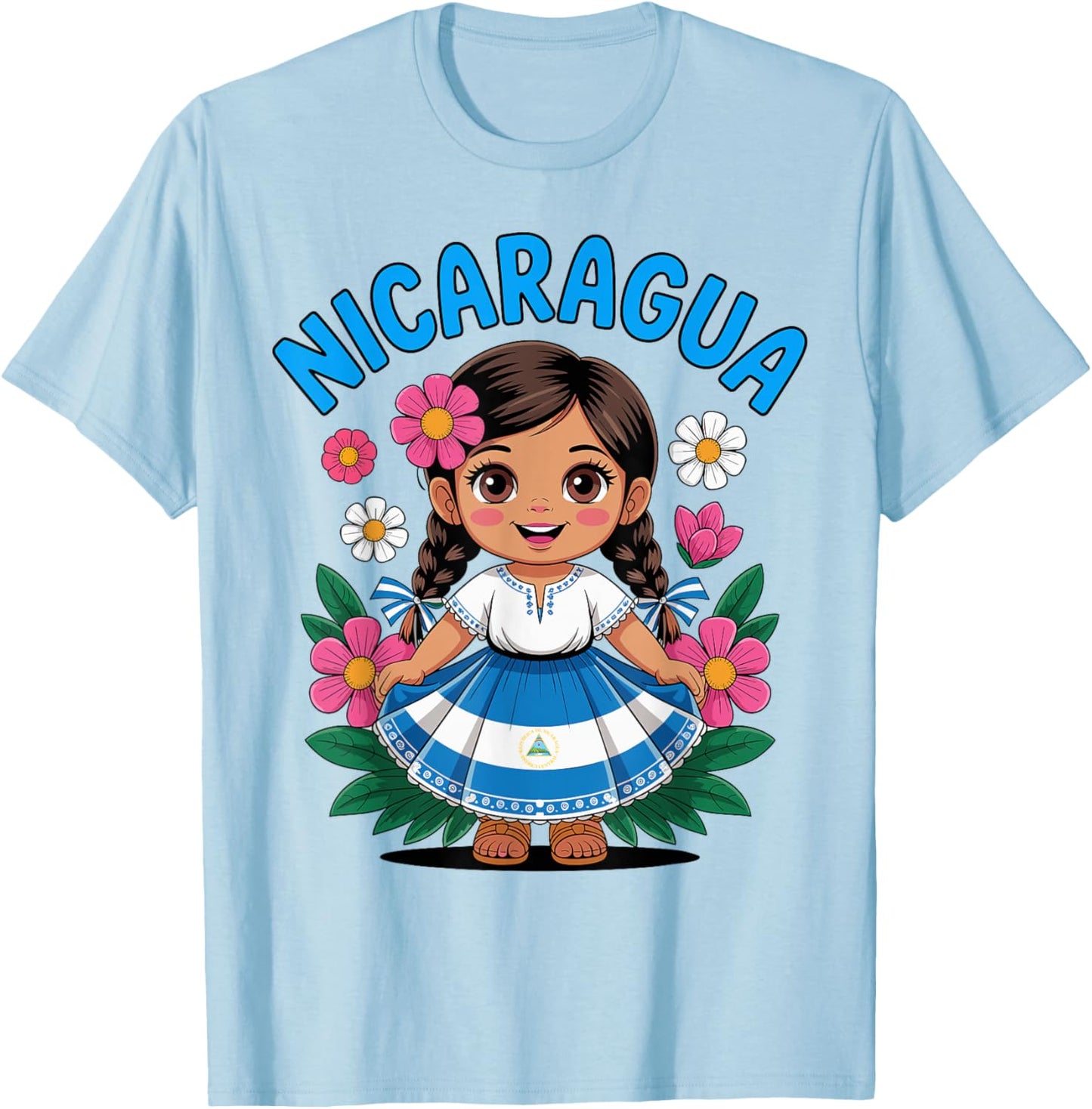 Cute Nicaragua Girl Traditional Dress with Flag Art for Kids T-Shirt - T-Shirt | Light Blue