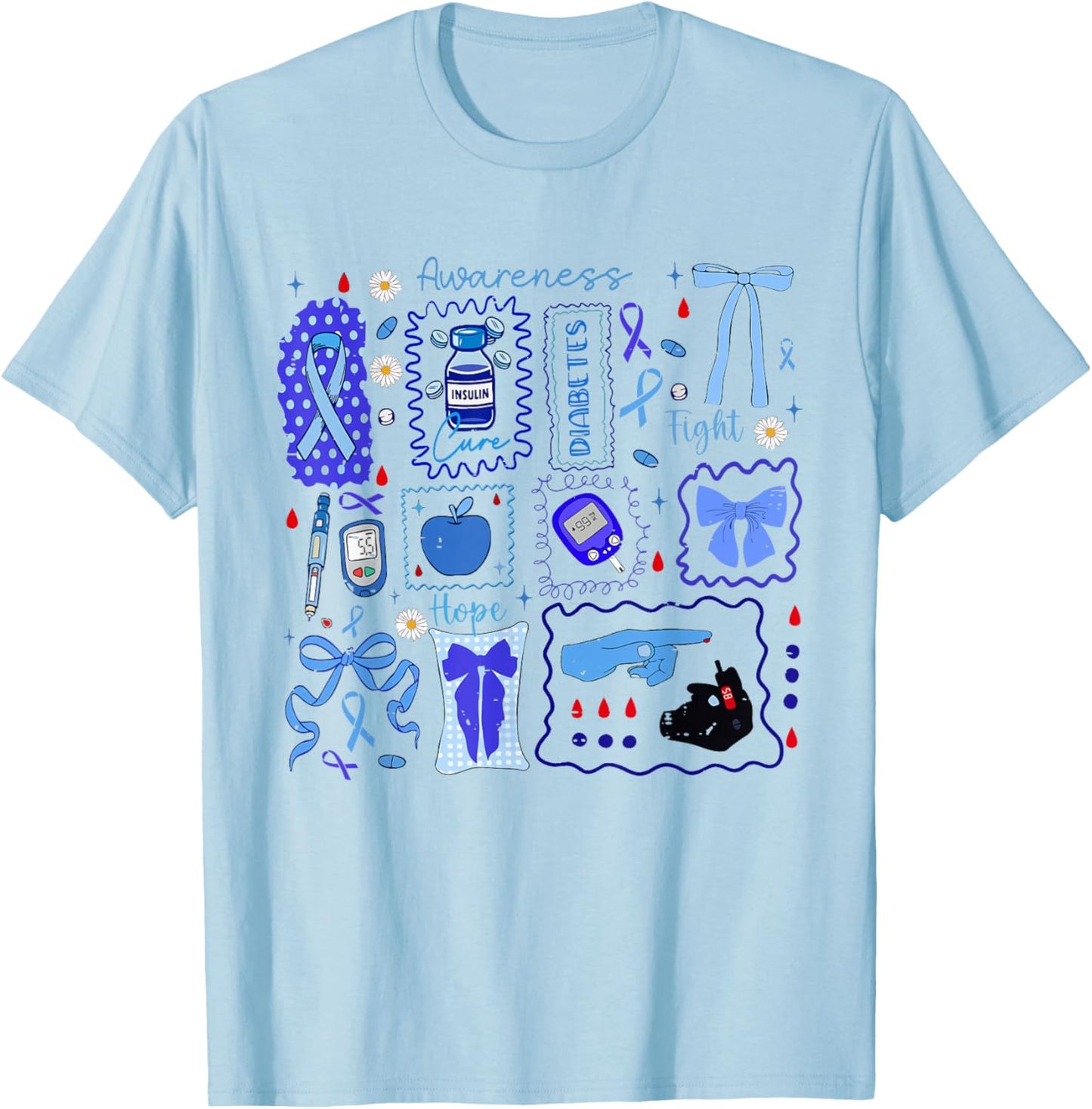 Blue Ribbon Type 1 Diabetes Awareness T1D Warrior Support T-Shirt - T-Shirt | Light Blue
