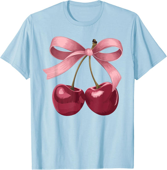 Pink Coquette Bow Cherry Birthday Cute Girls Women Kids T-Shirt - T-Shirt | Light Blue