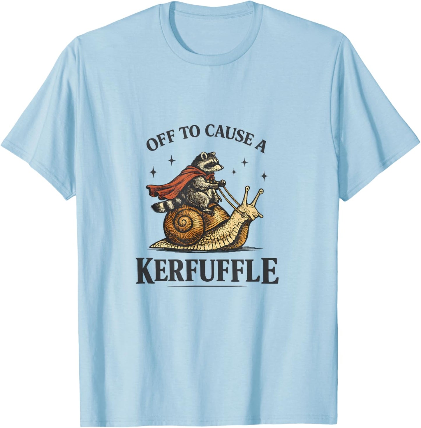 Off to Cause A Kerfuffle Raccoon Riding Snail T-Shirt - T-Shirt | Light Blue