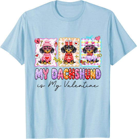 Dachshund is My Valentine Coquette Heart Retro Dog Love Cute T-Shirt - T-Shirt | Light Blue