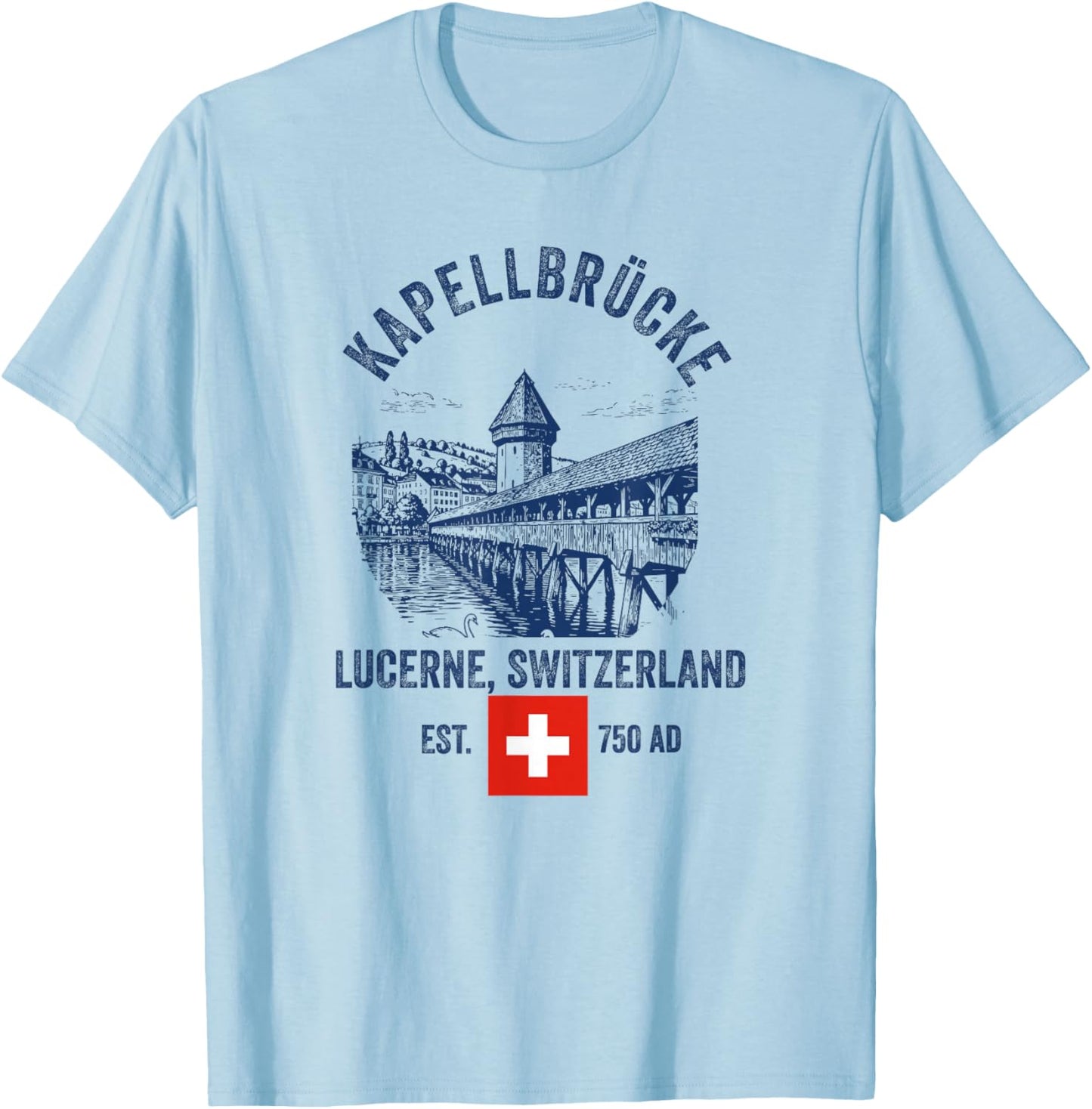 Lucerne Switzerland Flag Skyline Souvenir Bridge Chapel T-Shirt - T-Shirt | Light Blue