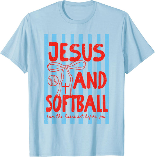 Jesus and Softball Game Day Softball Season Softball Mom T-Shirt - T-Shirt | Light Blue