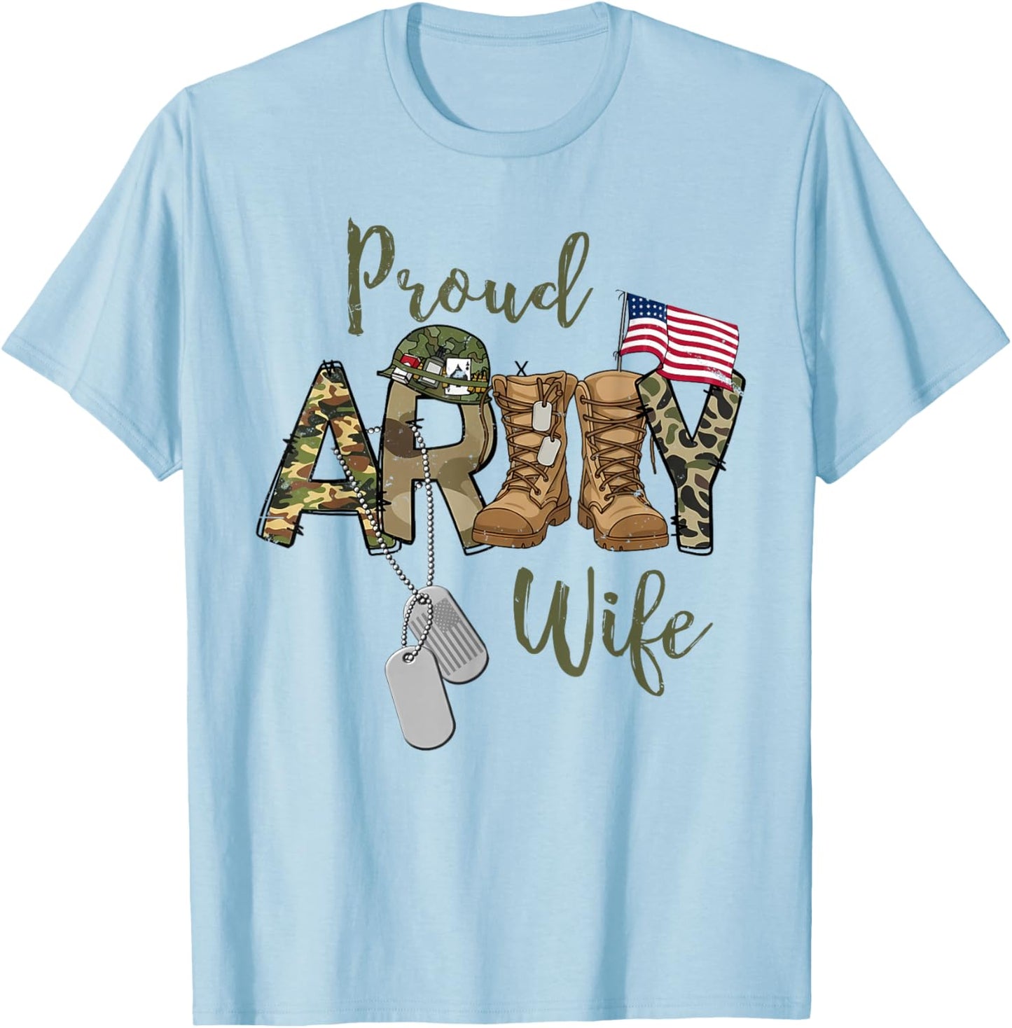 Proud Army Wife Military Wife with Dog Tag US Flag T-Shirt - T-Shirt | Light Blue