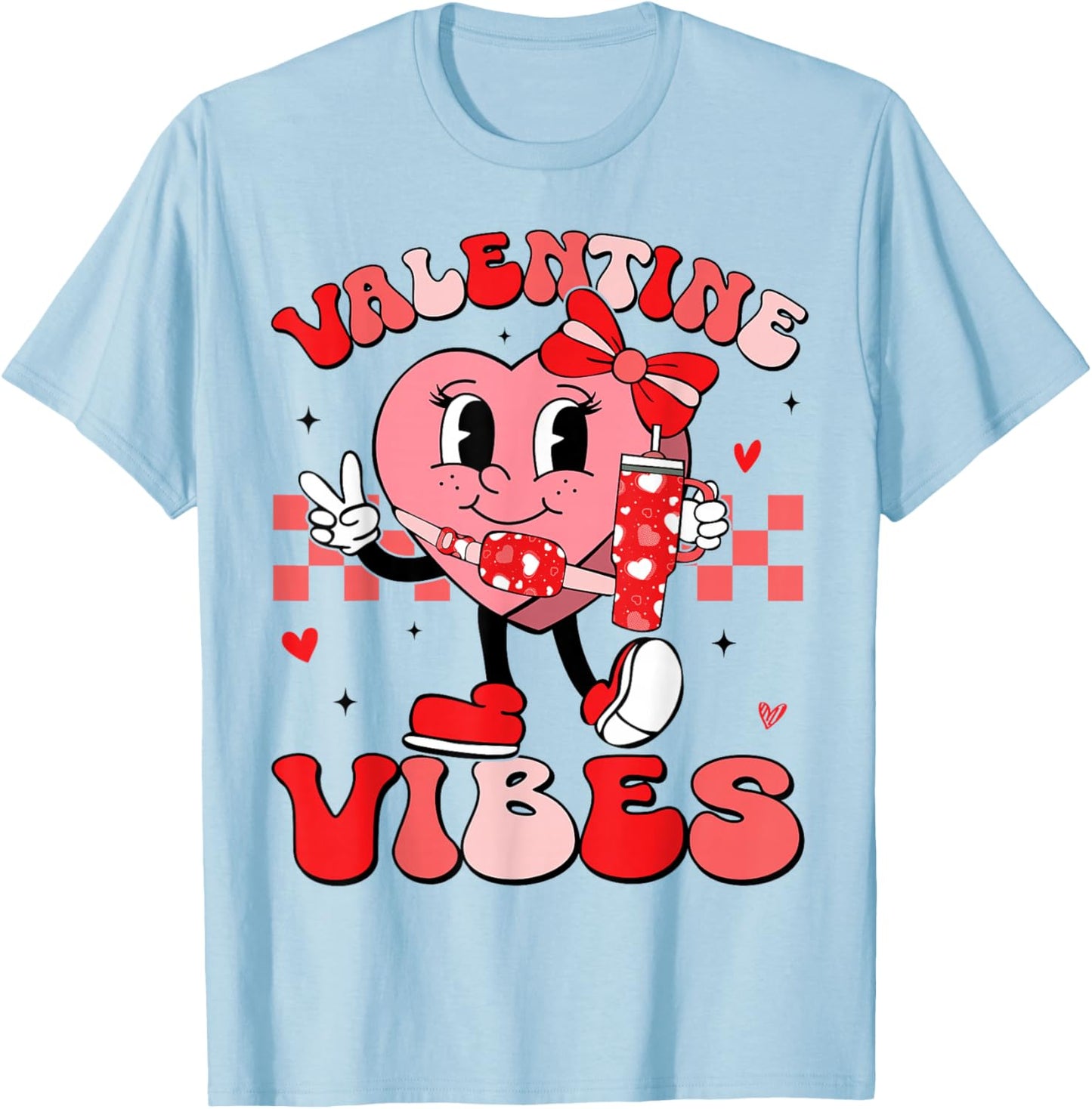 Valentine Vibes Groovy Valentines Day Shirt Women Girls Kids T-Shirt - T-Shirt | Light Blue