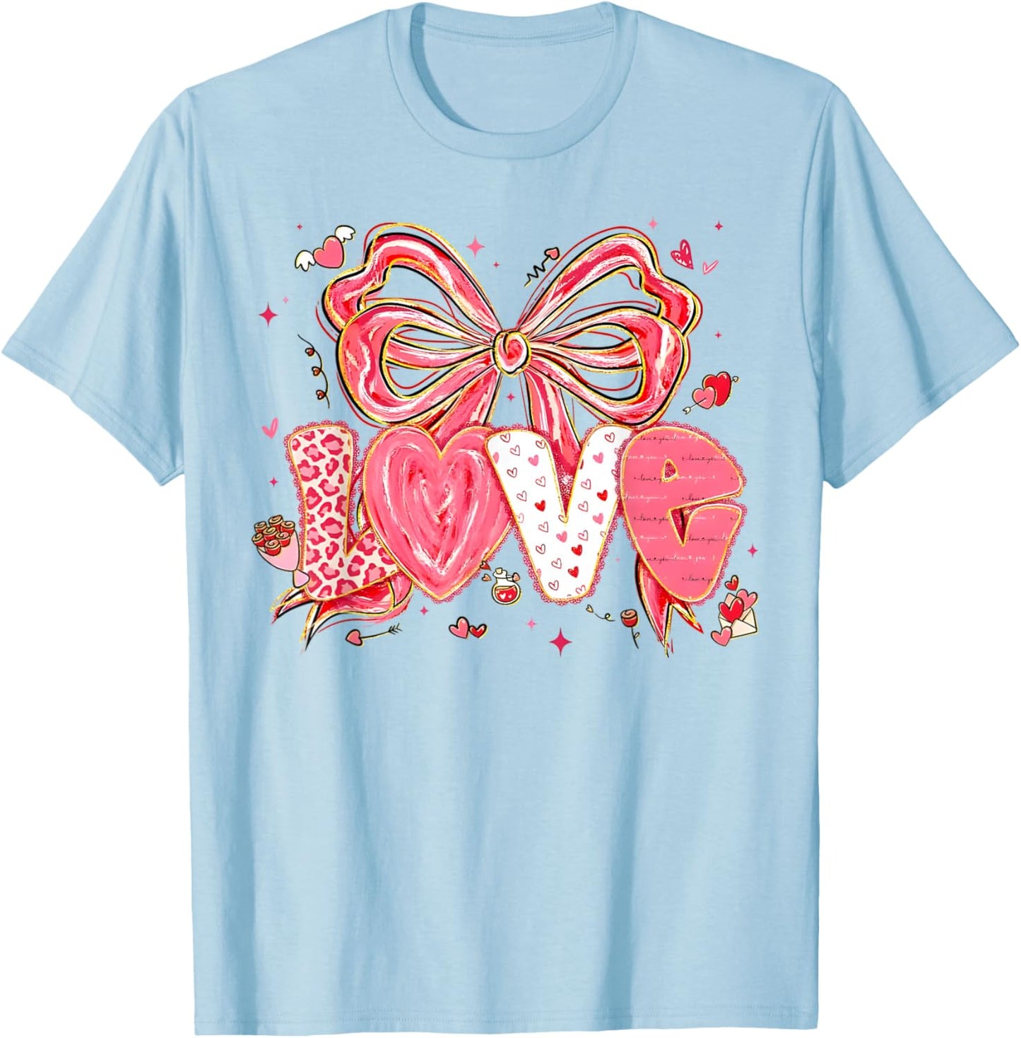 Coquette Bow Hearts Love Valentine XOXO Be Mine Cute Girly T-Shirt - T-Shirt | Light Blue