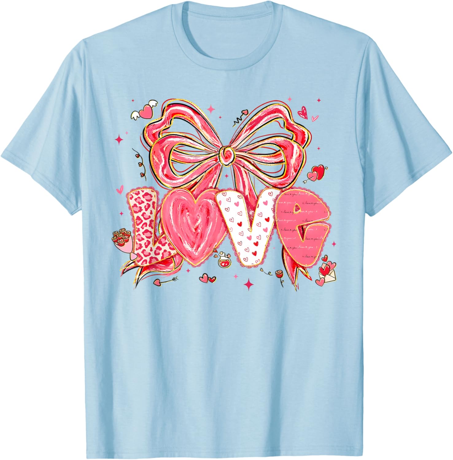 Coquette Bow Hearts Love Valentine XOXO Be Mine Cute Girly T-Shirt - T-Shirt | Light Blue