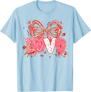 Coquette Bow Hearts Love Valentine XOXO Be Mine Cute Girly T-Shirt - T-Shirt | Light Blue