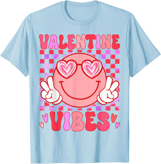 Preppy Valentine Vibes Girl Happy Valentines Day T-Shirt - T-Shirt | Light Blue
