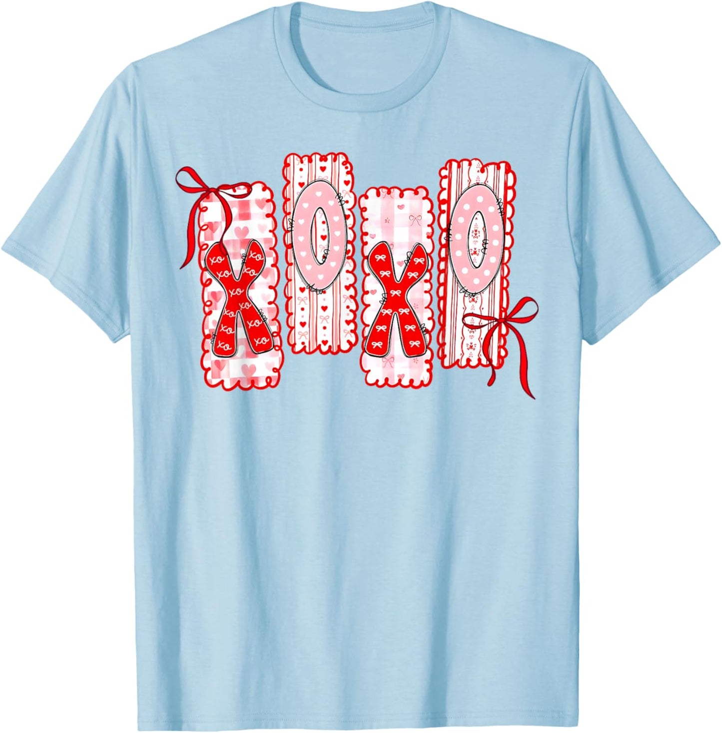 Coquette Valentine XOXO Funny Valentine Red Bow Hearts Lover T-Shirt - T-Shirt | Light Blue