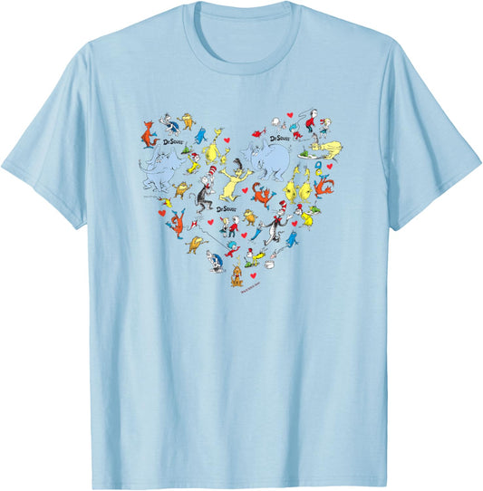 The Cat in The Hat Characters and Hearts Officially Licensed T-Shirt - T-Shirt | Light Blue