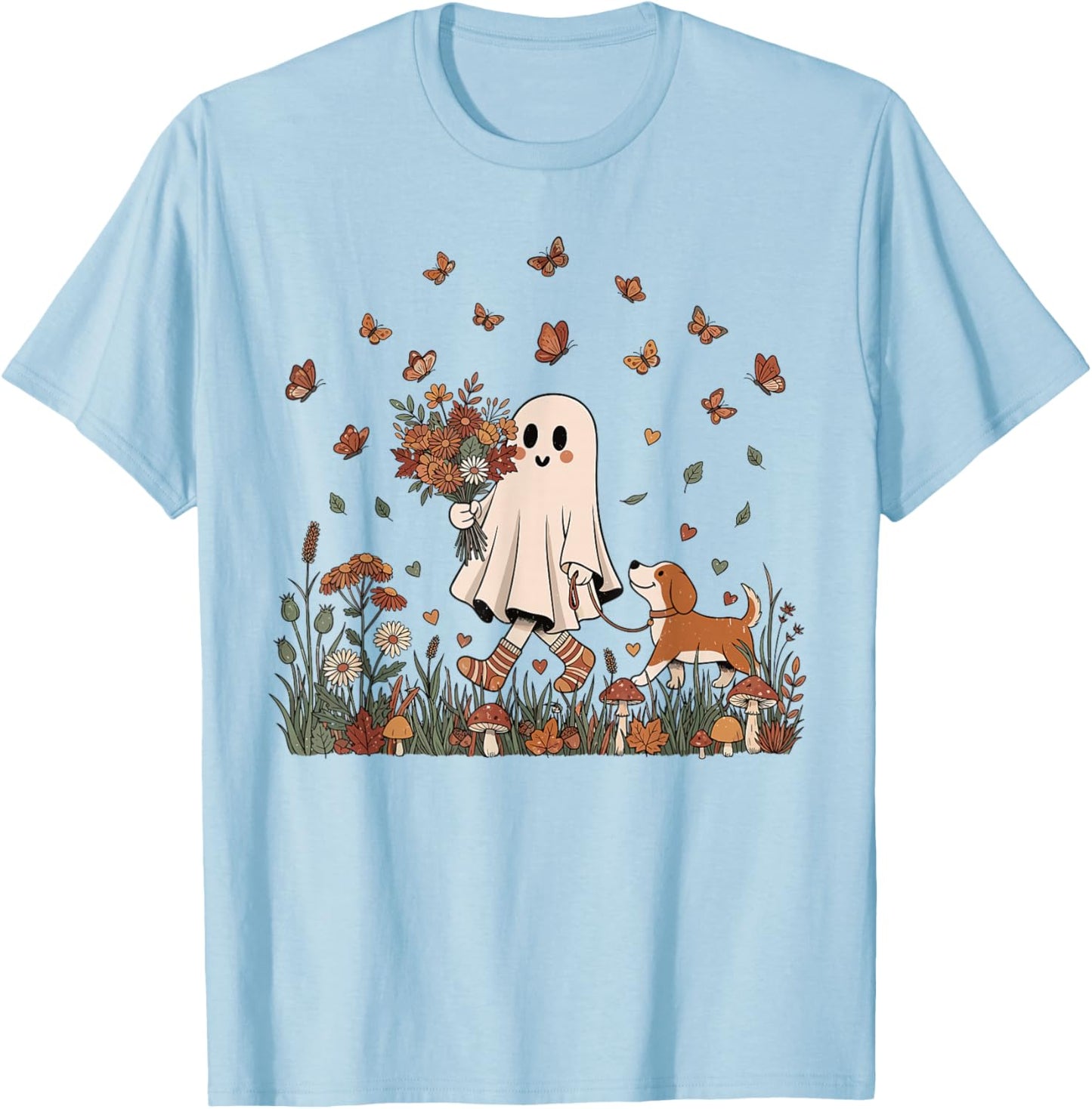 Vintage Halloween Cute Ghost Dog Mom Boho Floral Fall Vibes T-Shirt - T-Shirt | Light Blue