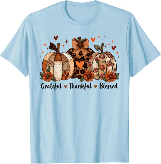 Grateful Thankful Blessed Pumpkin Thanksgiving Autumn Fall T-Shirt - T-Shirt | Light Blue