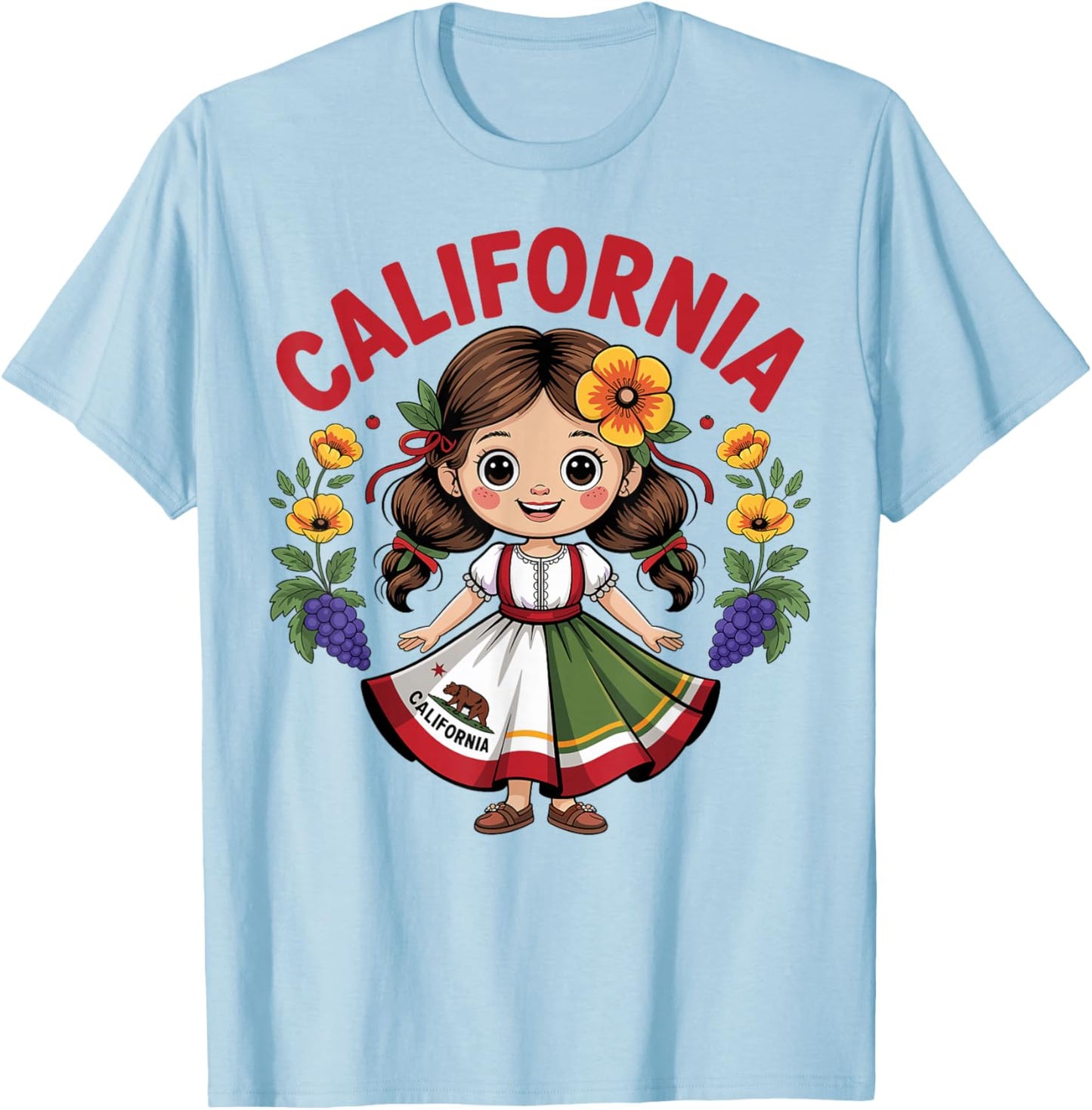 Cute California Girl in State Flag Dress and Flowers Girls T-Shirt - T-Shirt | Light Blue